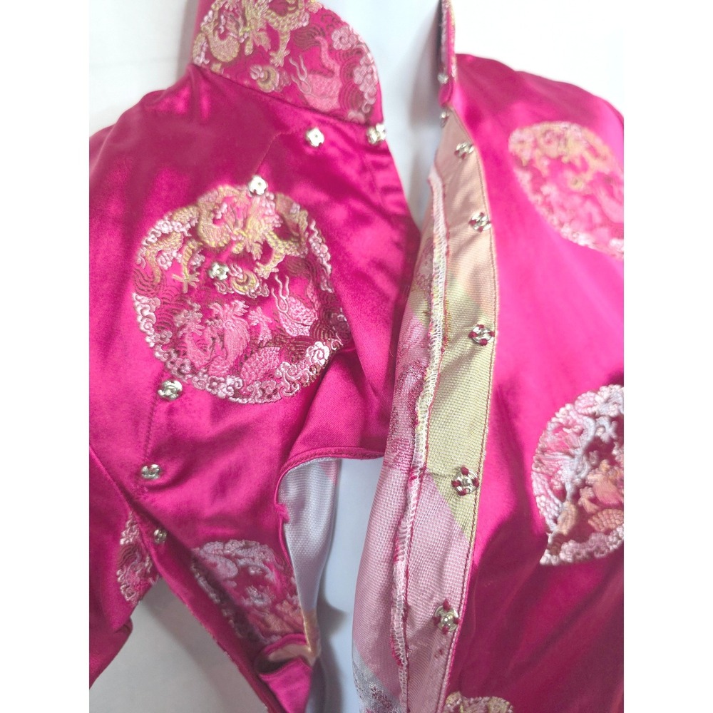 60s Vintage Fuchsia Pink Satin Cheongsam Qipao Dress Dragon Phoenix Brocade Midi - Picture 7 of 16